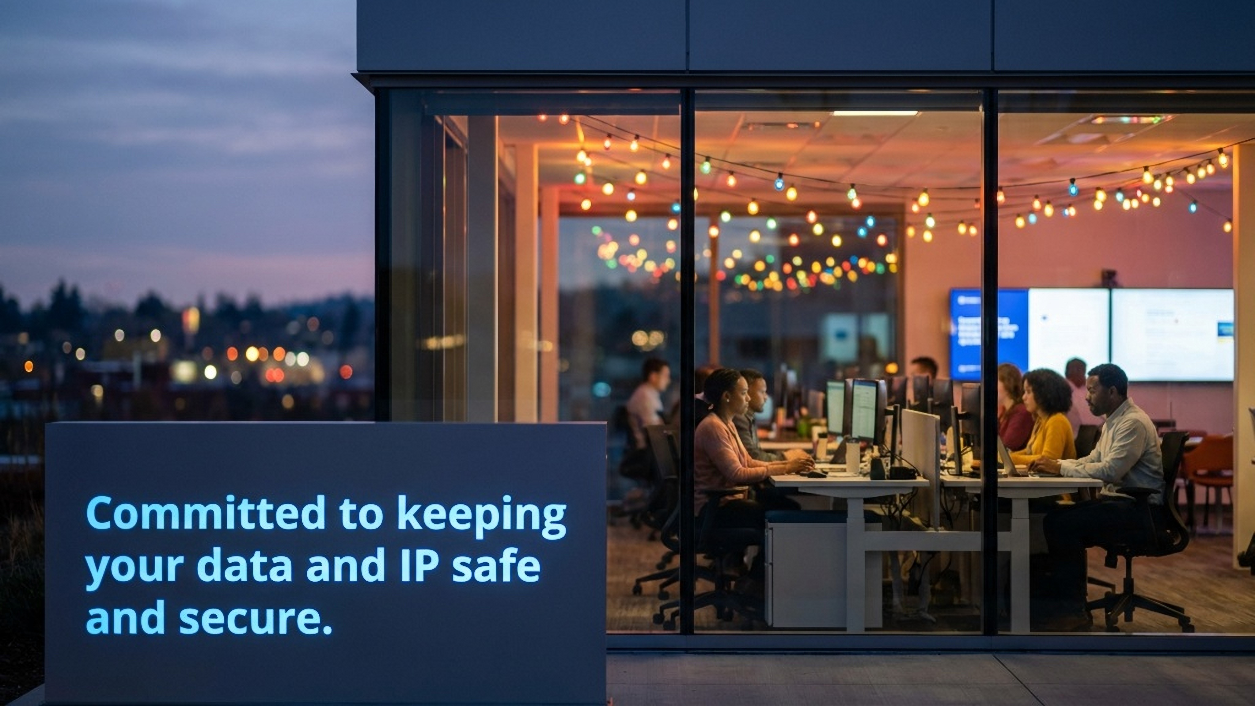 Outside view of a corner office at dusk with employees at their desk working.  The strapline: Committed to keeping your data and IP safe and secure.