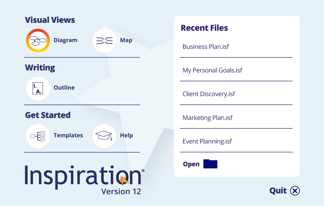 The starter screen for Inspiration 12, with the options to create diagram, map or outline document.
