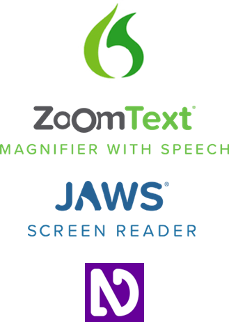 Tools Inspiration is tested against: Dragon Professional, ZoomText, JAWS and NVDA product logos