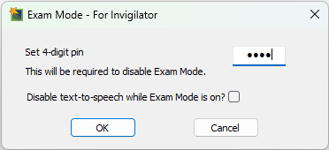 Dialogue box showing how to set the Exam Mode pin to lock Inspiration in this mode