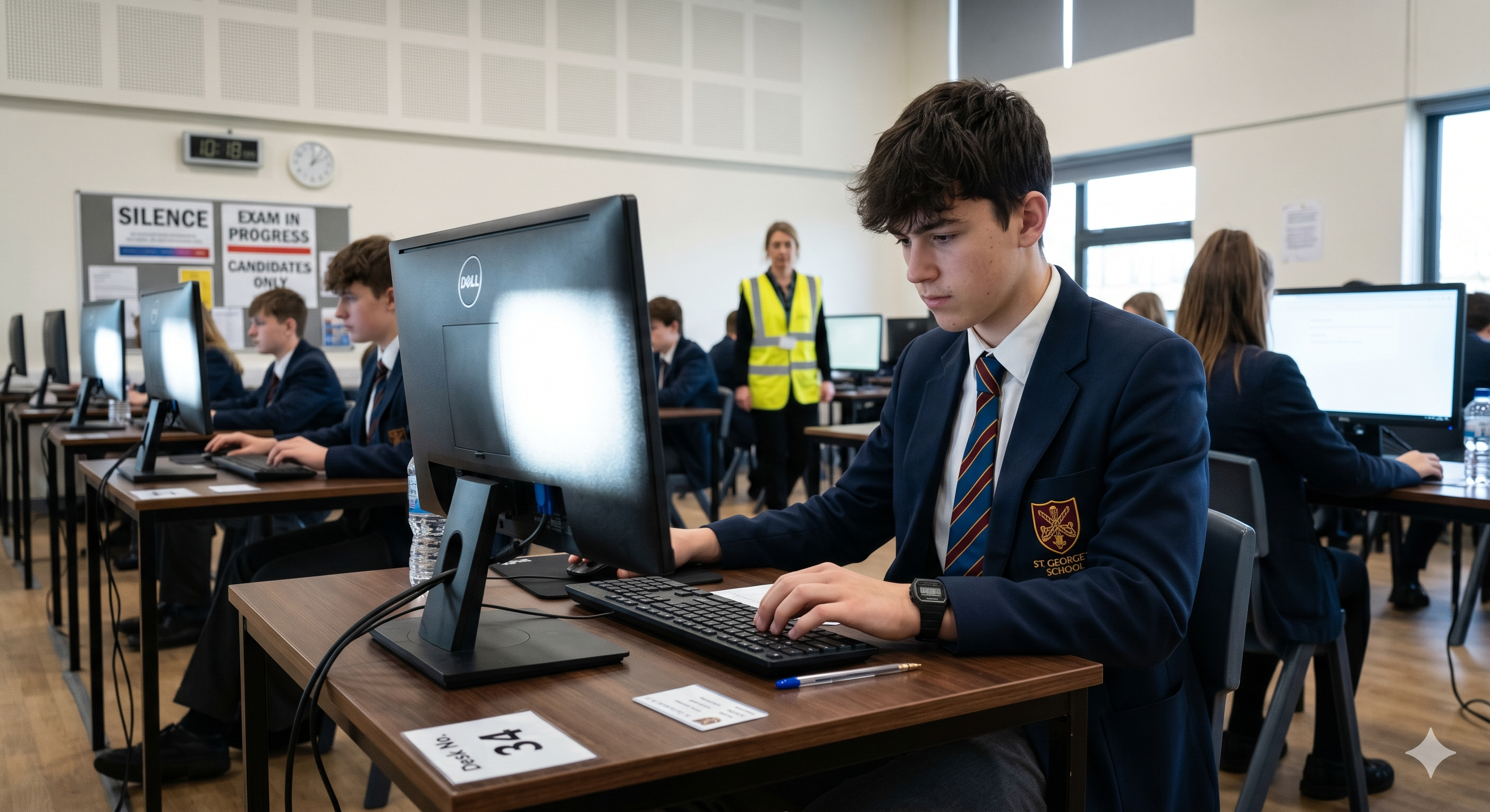 Students in the exam hall, at computers to complete their exams