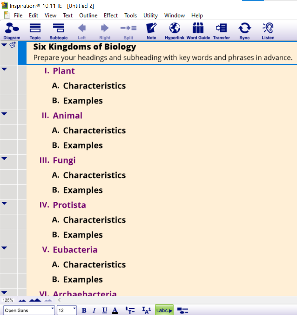 Outline of headings and subheadings