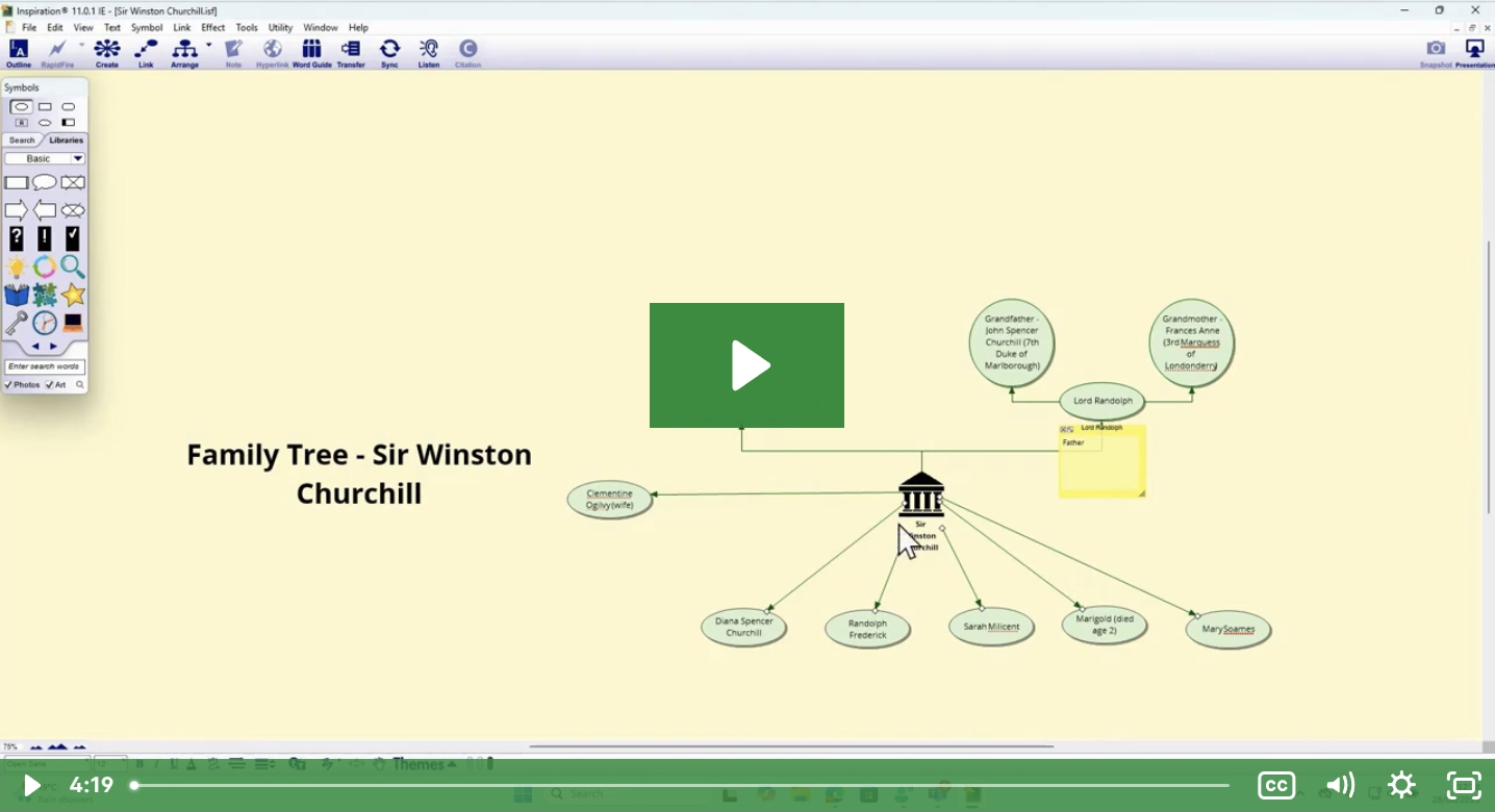 a mind map using the family tree template displays Winston Churchill's family tree. There is a green play button over the top indicating that there is a video to play.