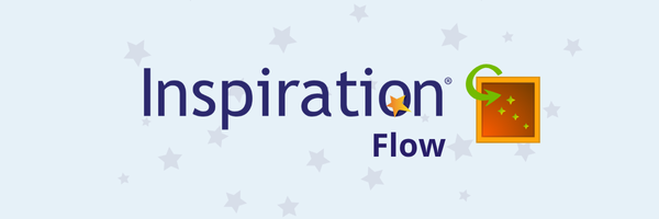 Light blue starry background, text reads "Inspiration Flow", square orange logo with green arrow to right