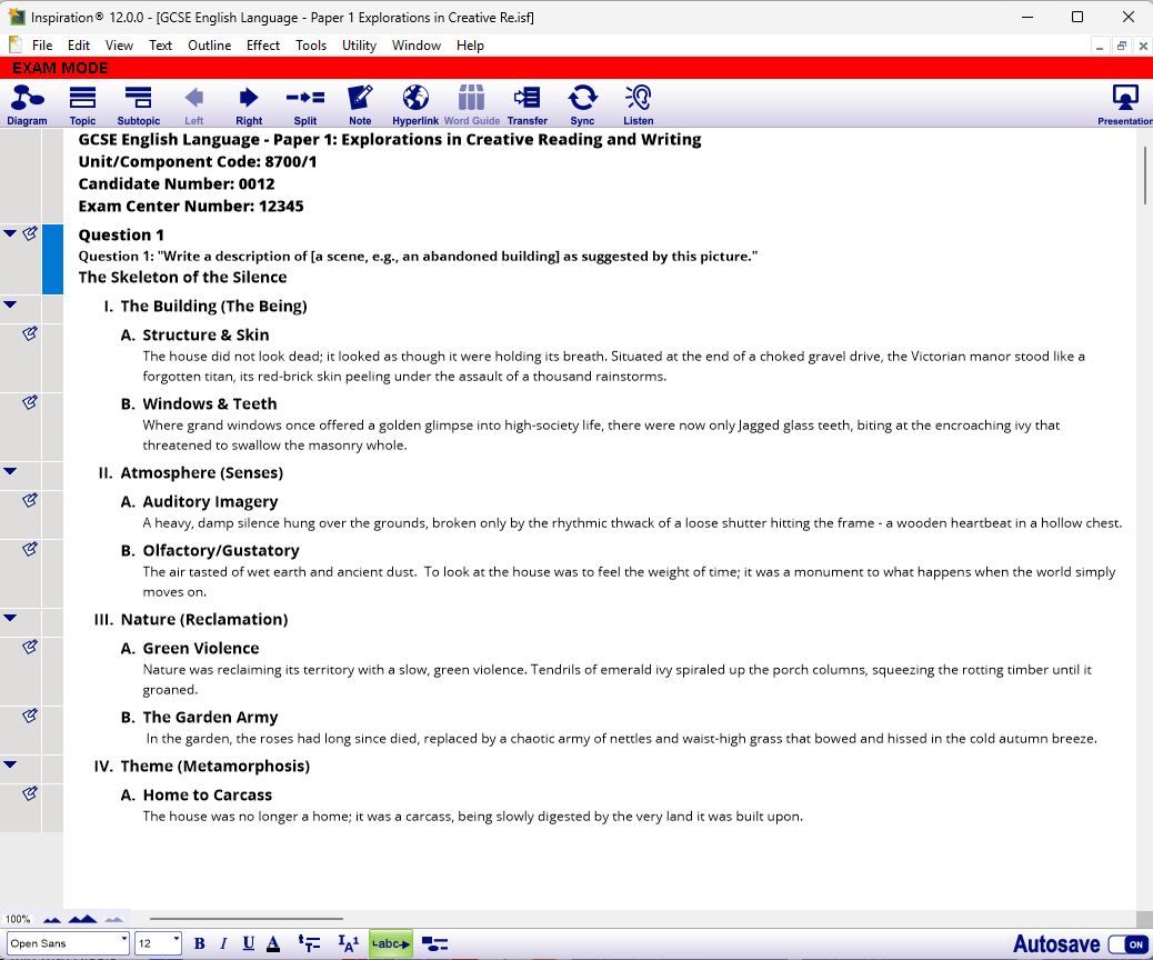 Screenshot of the Outline View with the red alert bar on showing Exam Mode is enabled. An example if given of an answer in outline format. 
