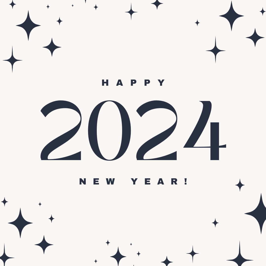 Square image, cream background, dark grey stars border, text in the center reads "Happy 2024 New Year!"