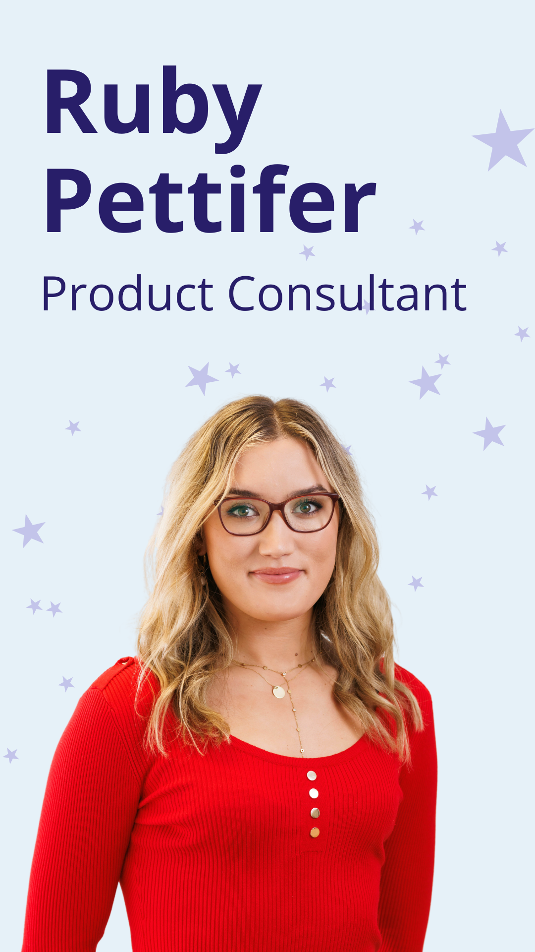 Headshot of Ruby Pettifer, a white woman with long blond hair and glasses wearing a red top.  Text reads Ruby Pettifer, Product Consultant