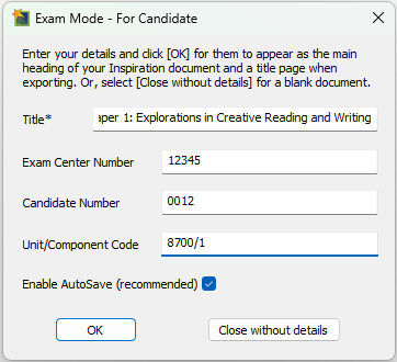 Dialogue box requesting details on Exam Paper, Exam Center Number and Candidate Number